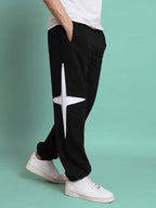 Genzclassic Men's Cotton Track Pants with Bold Side Graphic, Relaxed Fit Sports Lower | Black & White