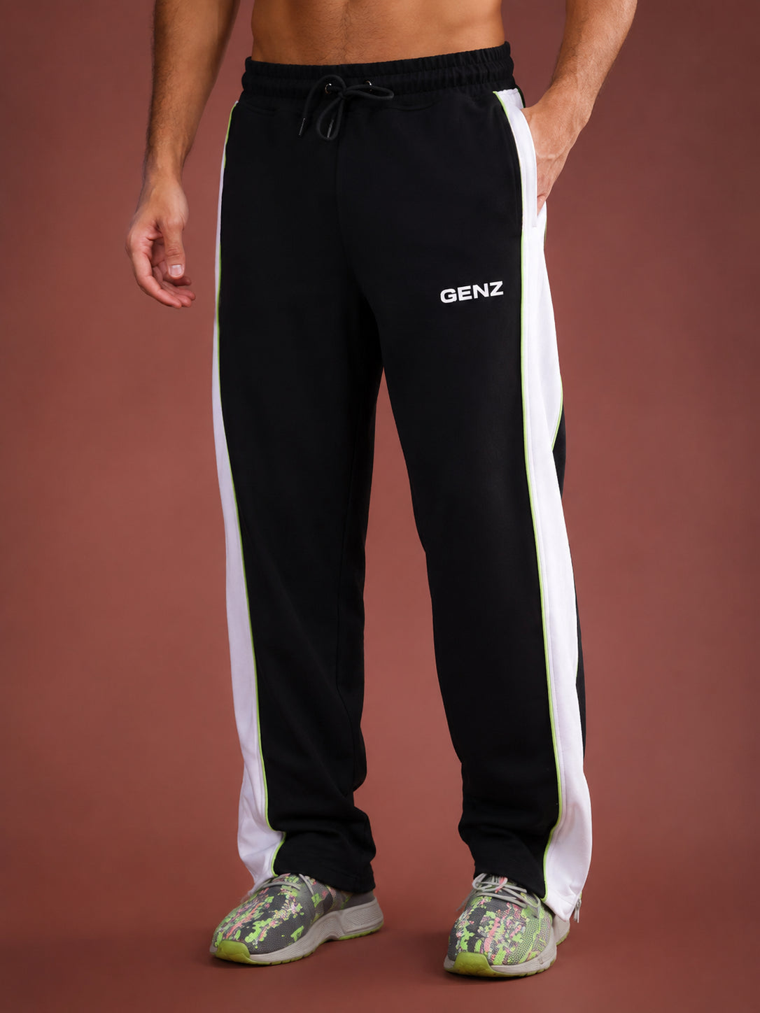 Genzclassic Men's Athletic Track Pants with Contrast Side Panels, Full-Length Side Zipper & Drawstring Waist | Black, White & Neon Green