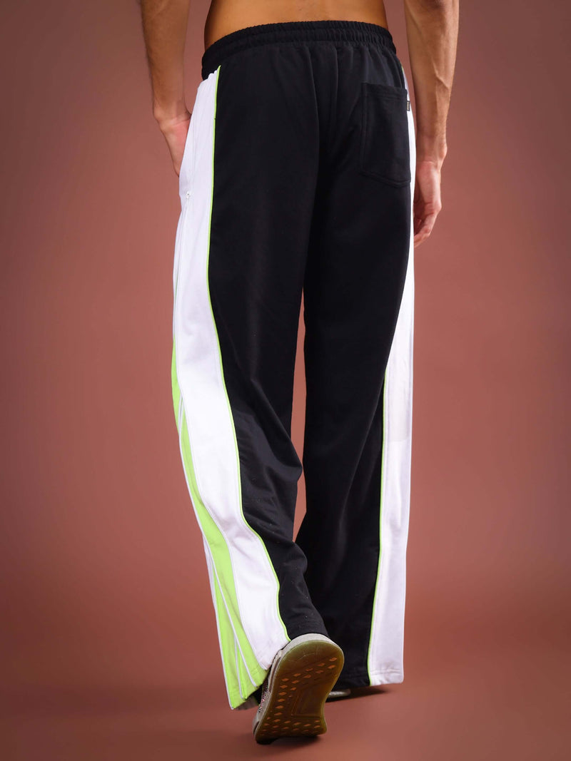 Genzclassic Men's Athletic Track Pants with Contrast Side Panels, Full-Length Side Zipper & Drawstring Waist | Black, White & Neon Green