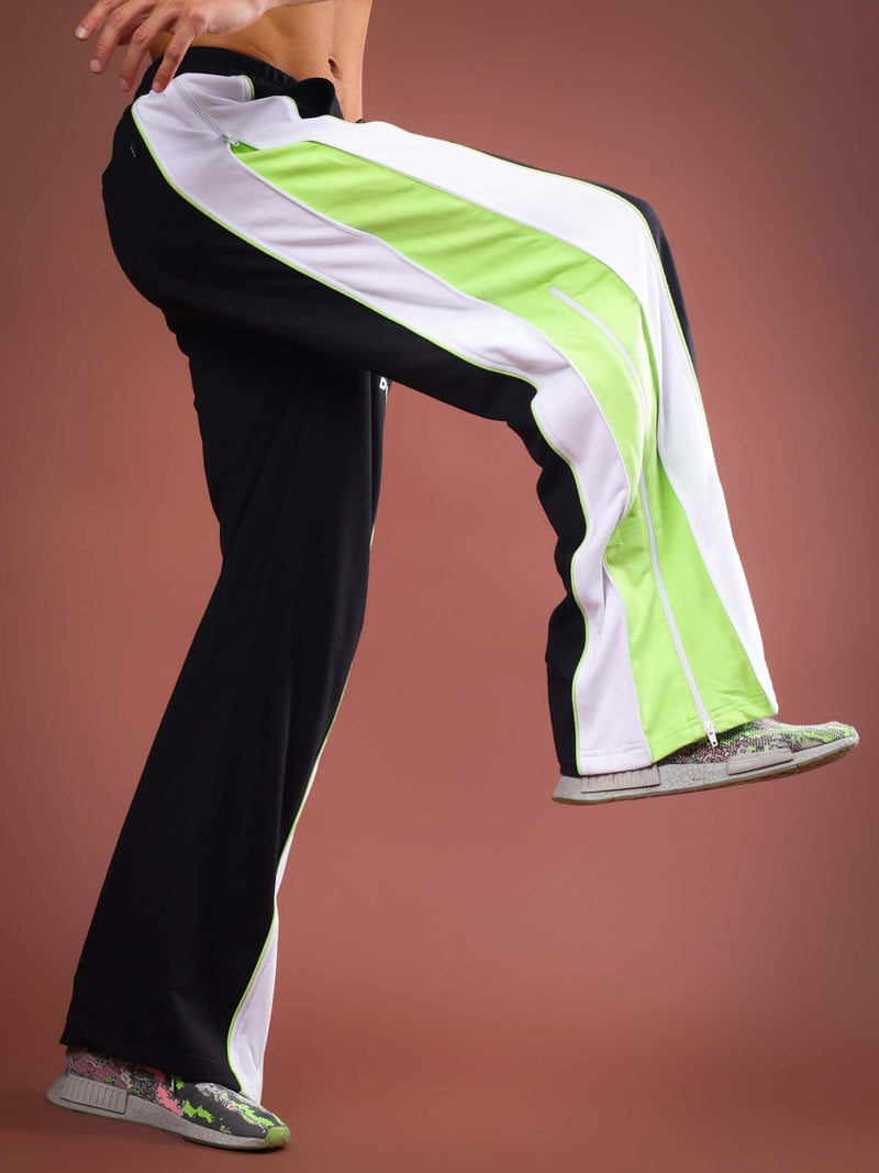 Genzclassic Men's Athletic Track Pants with Contrast Side Panels, Full-Length Side Zipper & Drawstring Waist | Black, White & Neon Green