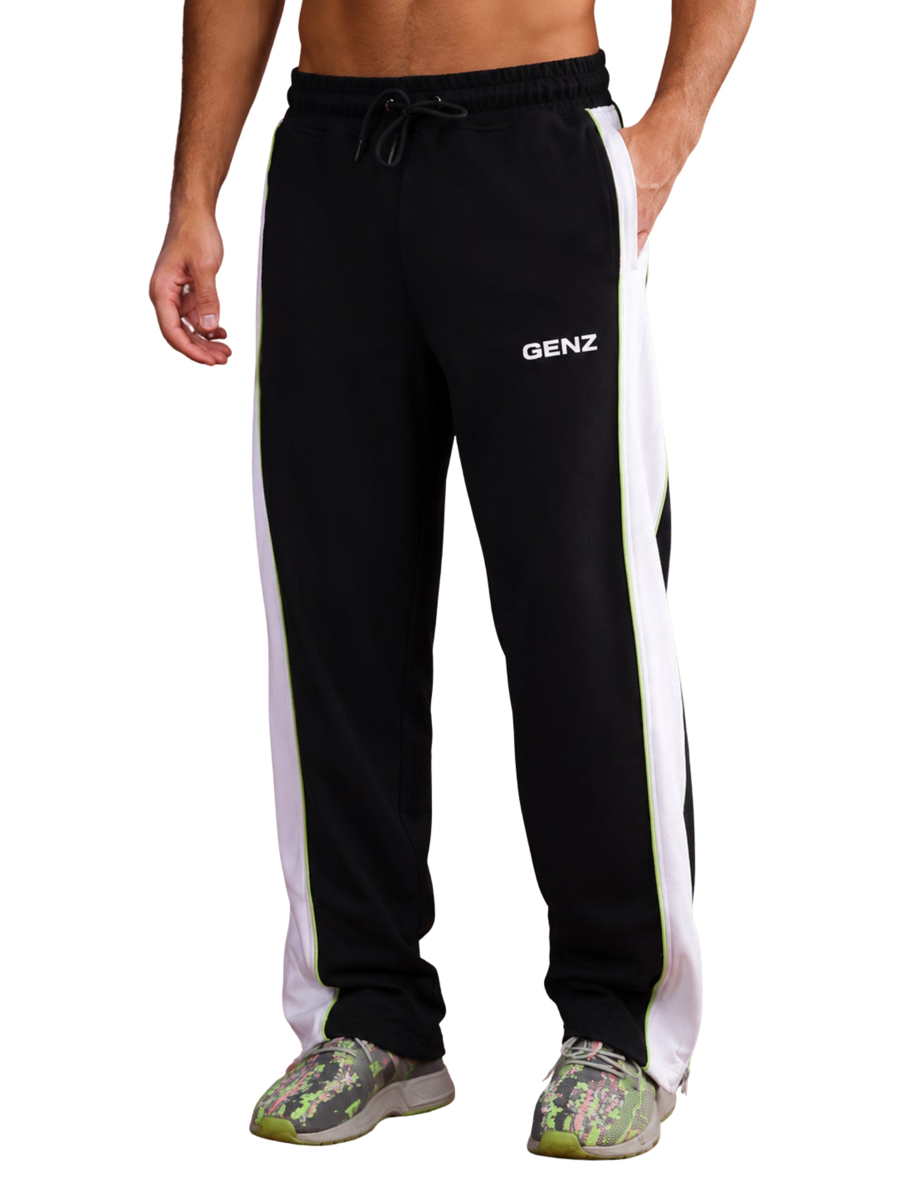 Genzclassic Men's Athletic Track Pants with Contrast Side Panels, Full-Length Side Zipper & Drawstring Waist | Black, White & Neon Green