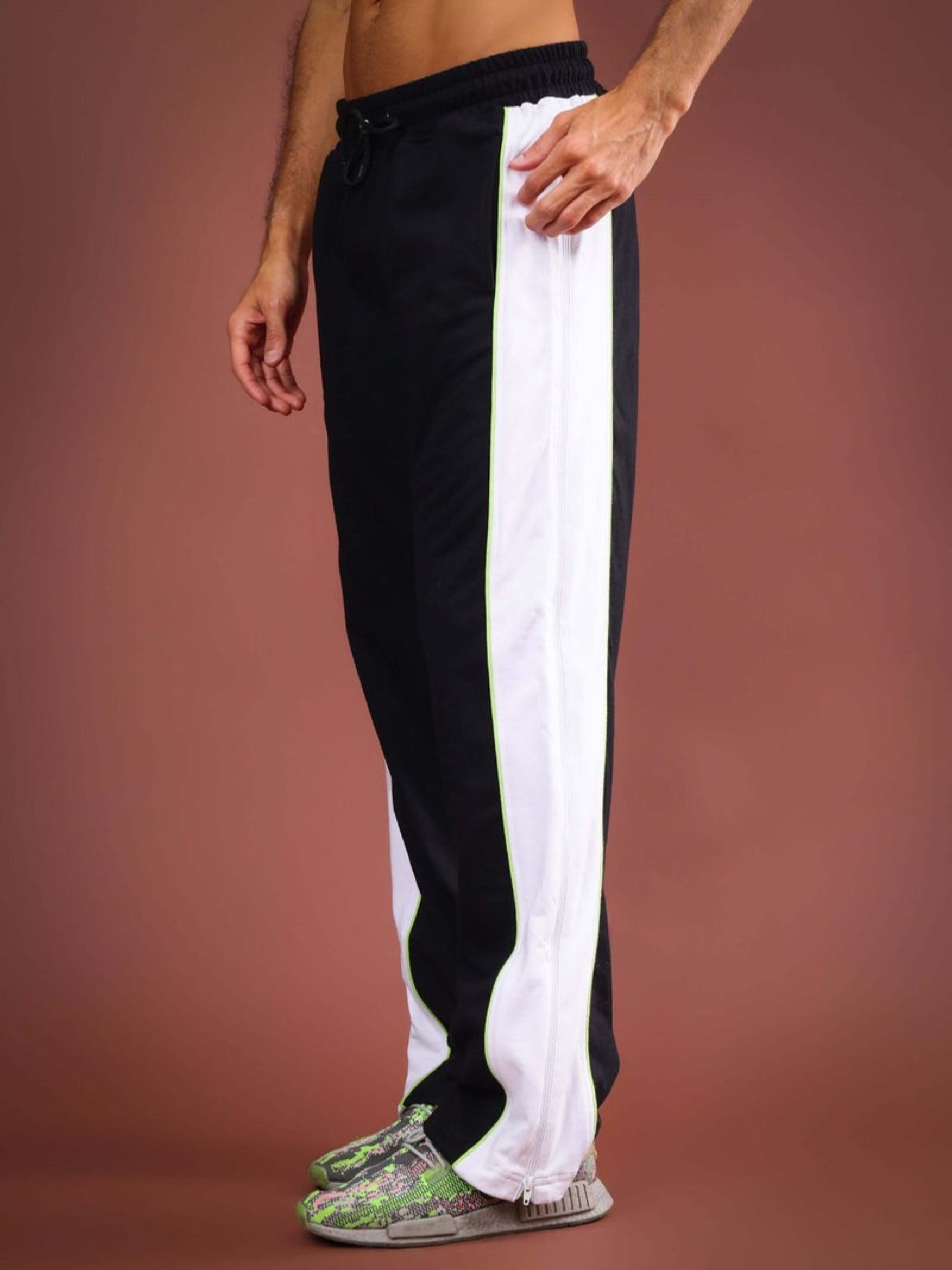 Genzclassic Men's Athletic Track Pants with Contrast Side Panels, Full-Length Side Zipper & Drawstring Waist | Black, White & Neon Green