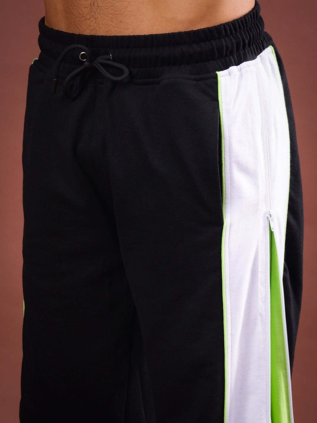 Genzclassic Men's Athletic Track Pants with Contrast Side Panels, Full-Length Side Zipper & Drawstring Waist | Black, White & Neon Green