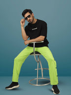 Genzclassic Men's Neon Green Track Pants with Side Snap Buttons | Regular Fit Sports Joggers | Gym & Casual Wear