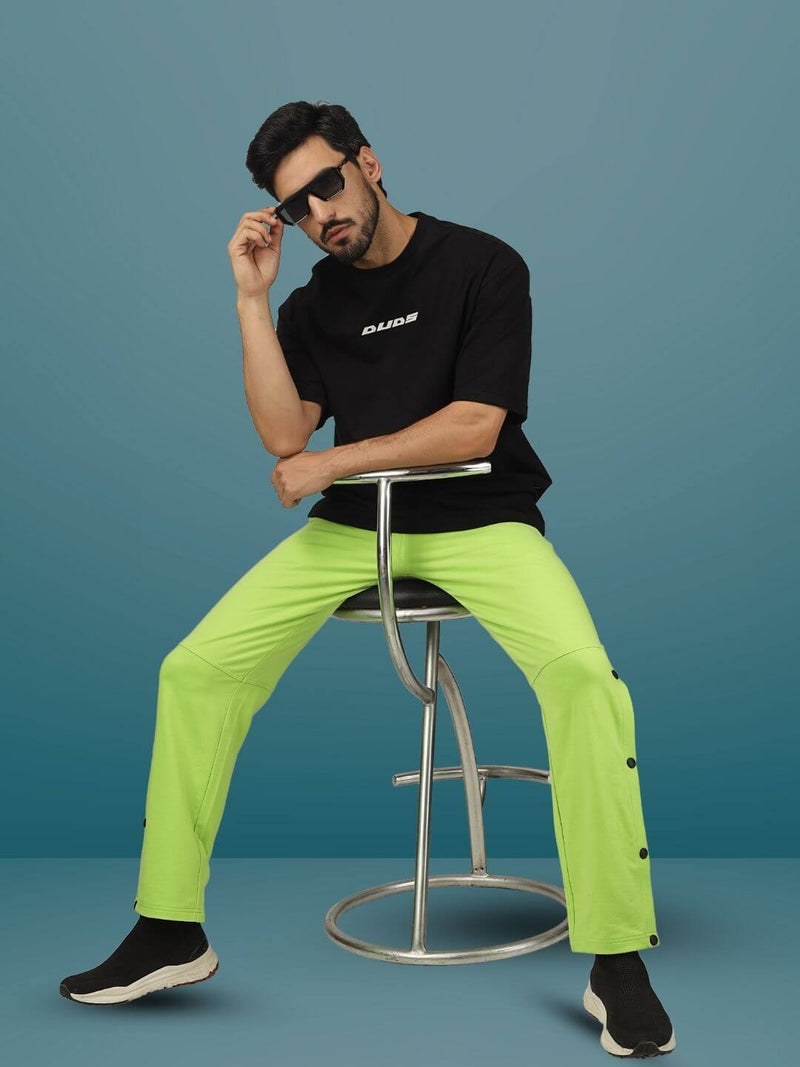 Genzclassic Men's Neon Green Track Pants with Side Snap Buttons | Regular Fit Sports Joggers | Gym & Casual Wear