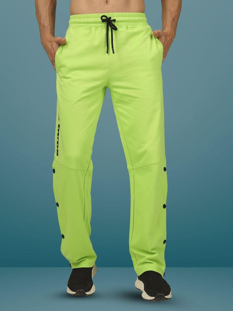Genzclassic Men's Neon Green Track Pants with Side Snap Buttons | Regular Fit Sports Joggers | Gym & Casual Wear