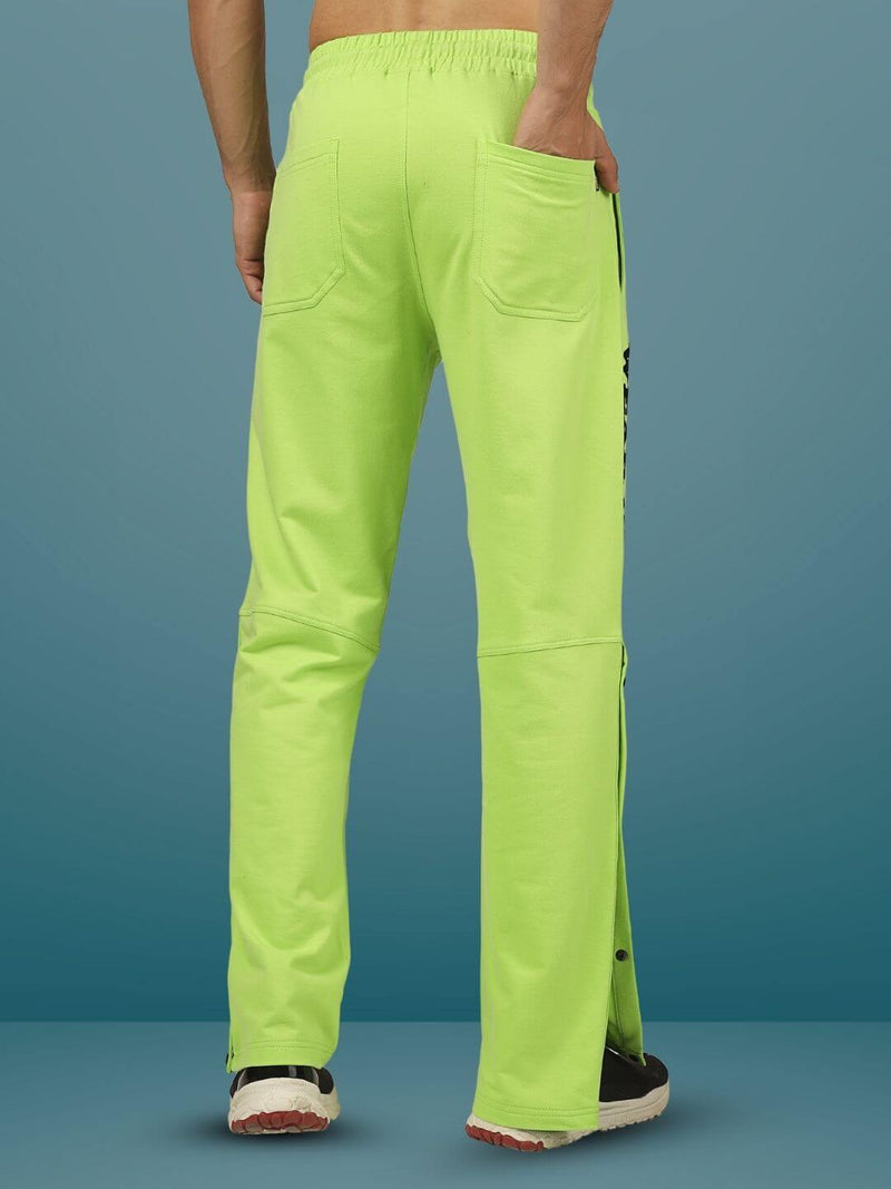 Genzclassic Men's Neon Green Track Pants with Side Snap Buttons | Regular Fit Sports Joggers | Gym & Casual Wear