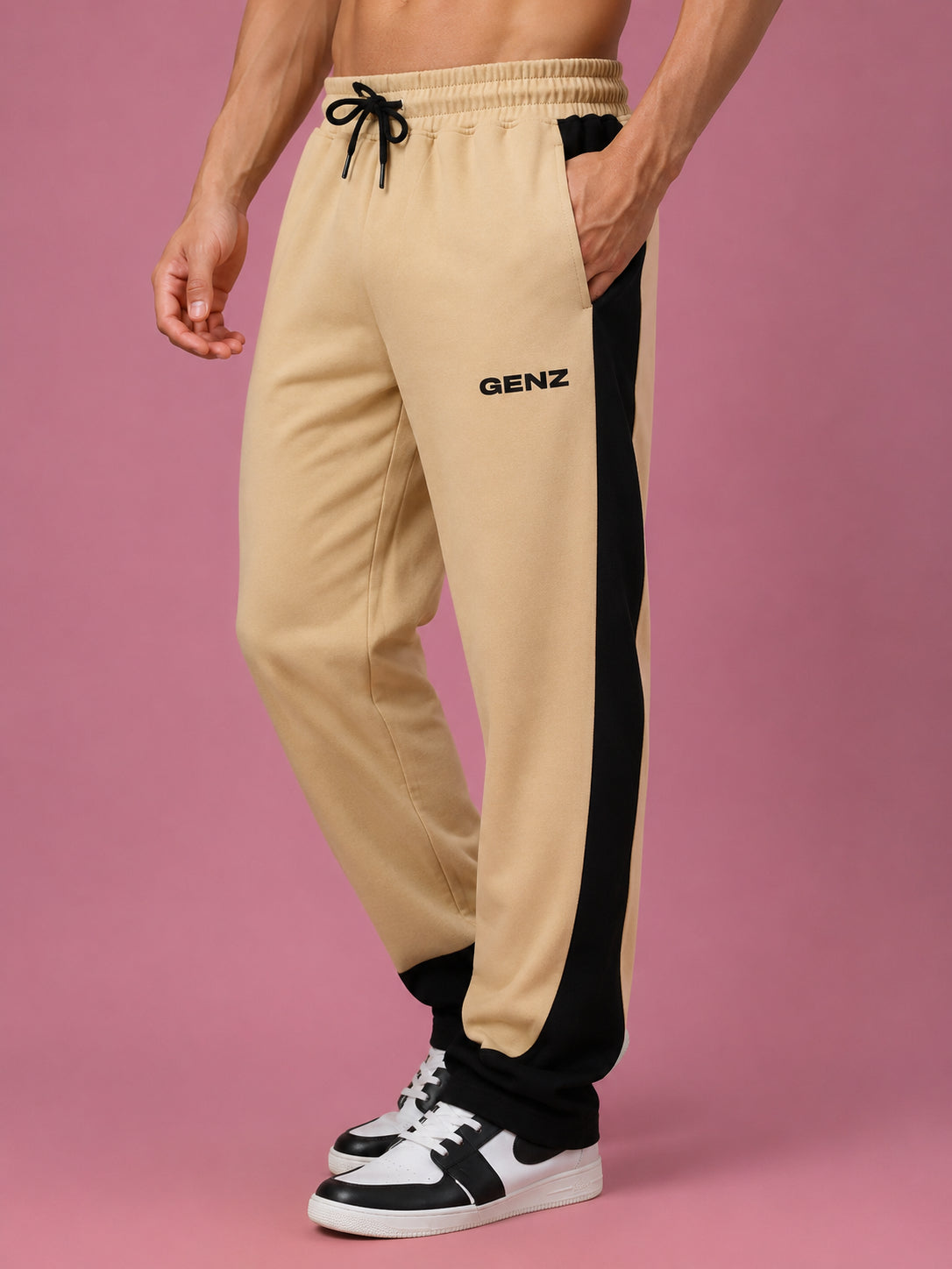 Genzclassic Men's Cotton Jogger Track Pants with Contrast Side Panels, Athletic Fit Sports Lower | Beige & Black