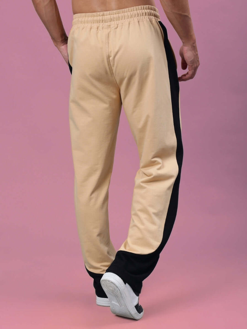Genzclassic Men's Cotton Jogger Track Pants with Contrast Side Panels, Athletic Fit Sports Lower | Beige & Black