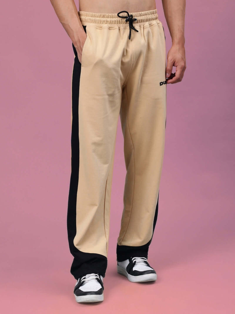 Genzclassic Men's Cotton Jogger Track Pants with Contrast Side Panels, Athletic Fit Sports Lower | Beige & Black