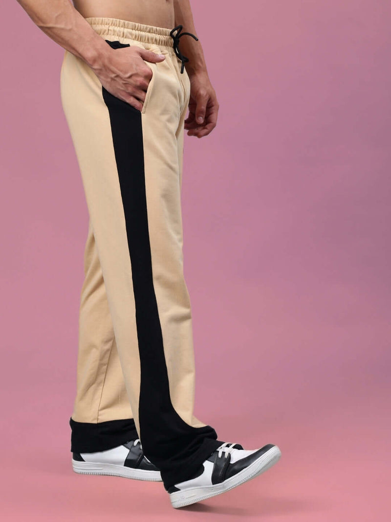 Genzclassic Men's Cotton Jogger Track Pants with Contrast Side Panels, Athletic Fit Sports Lower | Beige & Black