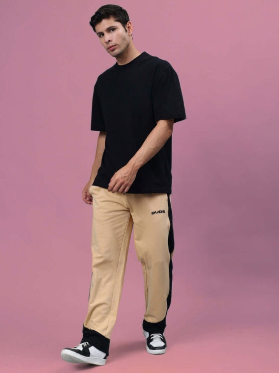 Genzclassic Men's Cotton Jogger Track Pants with Contrast Side Panels, Athletic Fit Sports Lower | Beige & Black
