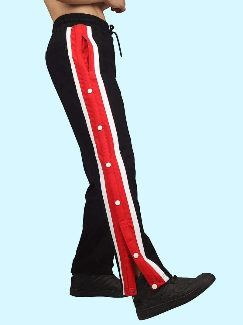 Genzclassic Men's Black Cotton Track Pants with Red & White Side Stripe | Regular Fit Joggers | Casual, Gym & Sports Wear