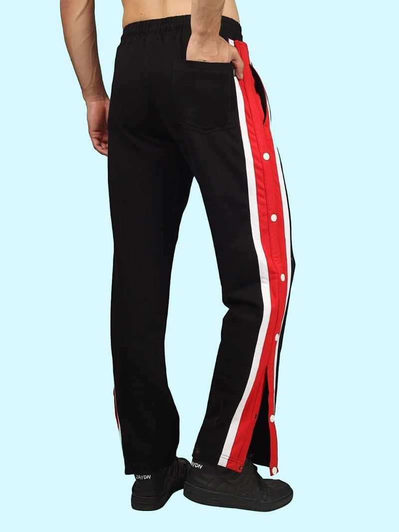 Genzclassic Men's Black Cotton Track Pants with Red & White Side Stripe | Regular Fit Joggers | Casual, Gym & Sports Wear