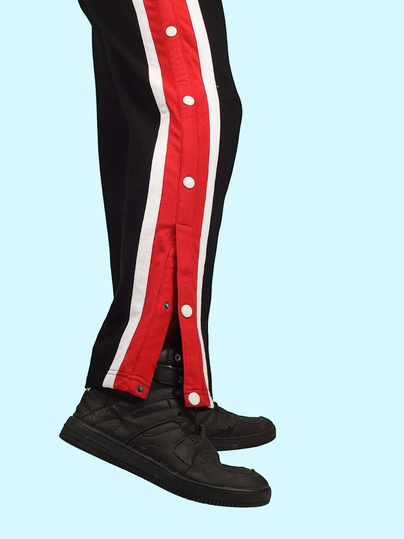 Genzclassic Men's Black Cotton Track Pants with Red & White Side Stripe | Regular Fit Joggers | Casual, Gym & Sports Wear