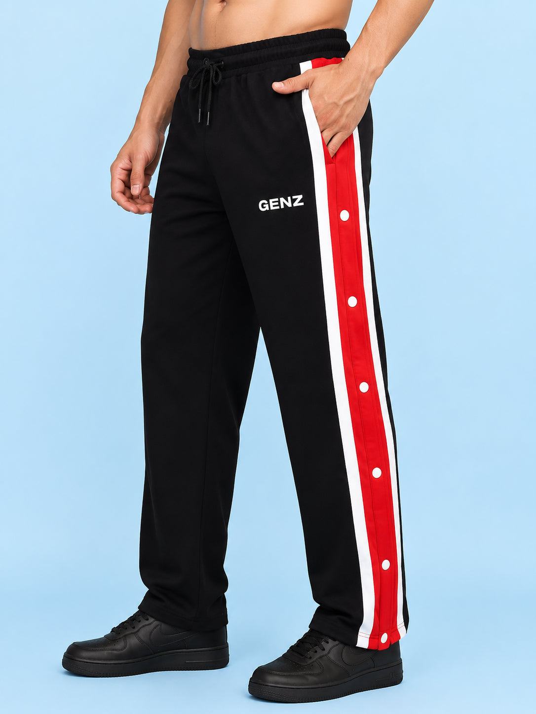 Genzclassic Men's Black Cotton Track Pants with Red & White Side Stripe | Regular Fit Joggers | Casual, Gym & Sports Wear