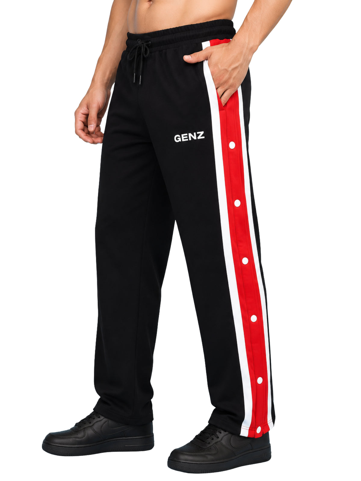 Genzclassic Men's Black Cotton Track Pants with Red & White Side Stripe | Regular Fit Joggers | Casual, Gym & Sports Wear
