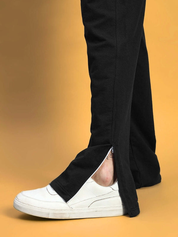 Genzclassic Men's Black Cotton Track Pants with Bottom Zipper | Relaxed Fit Joggers | Casual, Gym & Sports Wear