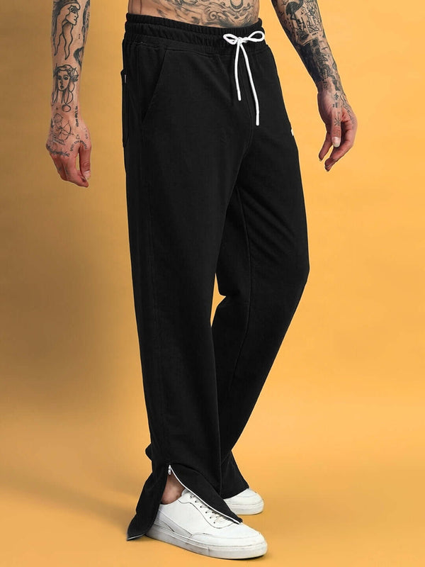 Genzclassic Men's Black Cotton Track Pants with Bottom Zipper | Relaxed Fit Joggers | Casual, Gym & Sports Wear