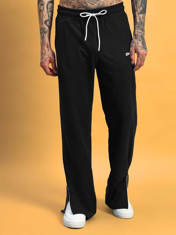 Genzclassic Men's Black Cotton Track Pants with Bottom Zipper | Relaxed Fit Joggers | Casual, Gym & Sports Wear
