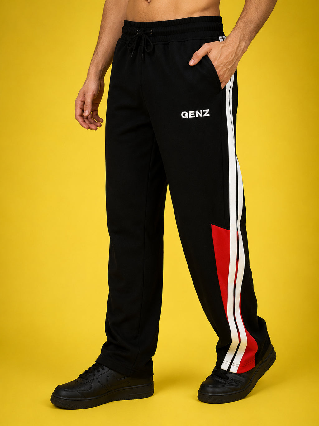 Genzclassic Men's Cotton Track Pants with Contrast Side Stripes, Athletic Fit Sports Lower | Black, White & Red