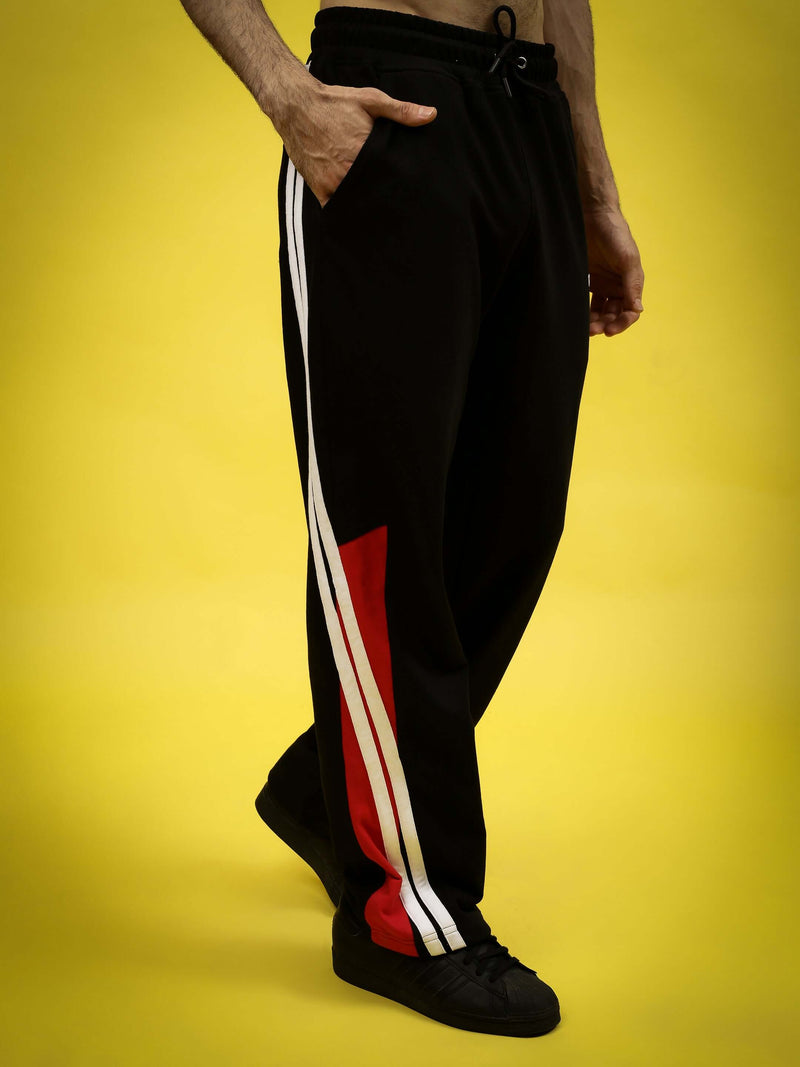 Genzclassic Men's Cotton Track Pants with Contrast Side Stripes, Athletic Fit Sports Lower | Black, White & Red