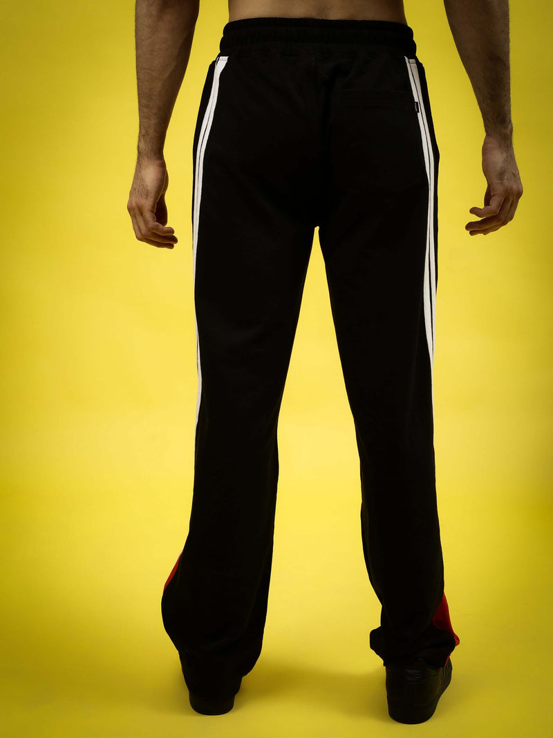 Genzclassic Men's Cotton Track Pants with Contrast Side Stripes, Athletic Fit Sports Lower | Black, White & Red