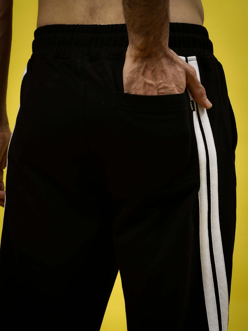 Genzclassic Men's Cotton Track Pants with Contrast Side Stripes, Athletic Fit Sports Lower | Black, White & Red