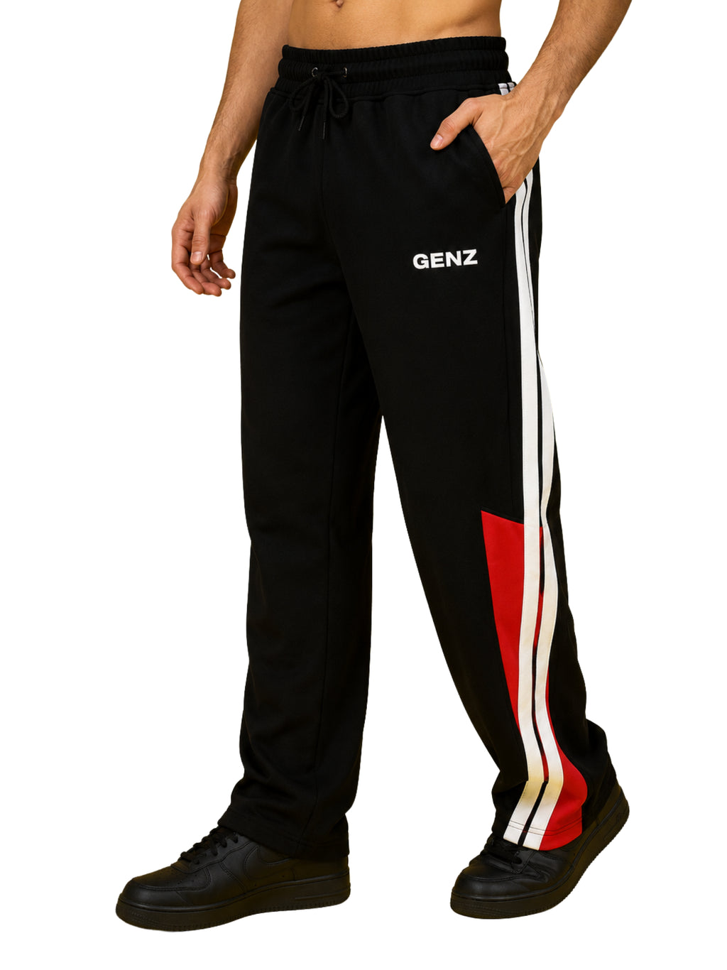 Genzclassic Men's Cotton Track Pants with Contrast Side Stripes, Athletic Fit Sports Lower | Black, White & Red