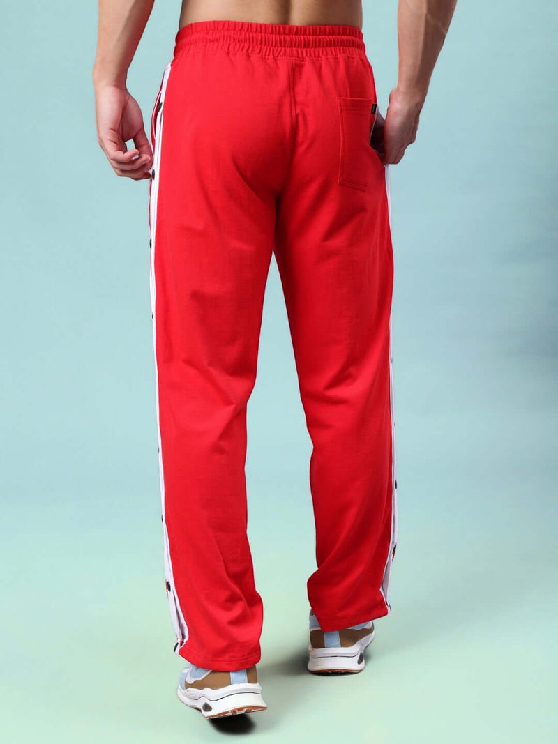 Genzclassic Men's Cotton Track Pants with Side Snap Buttons & Triple Stripes, Sports Lower | Red & White