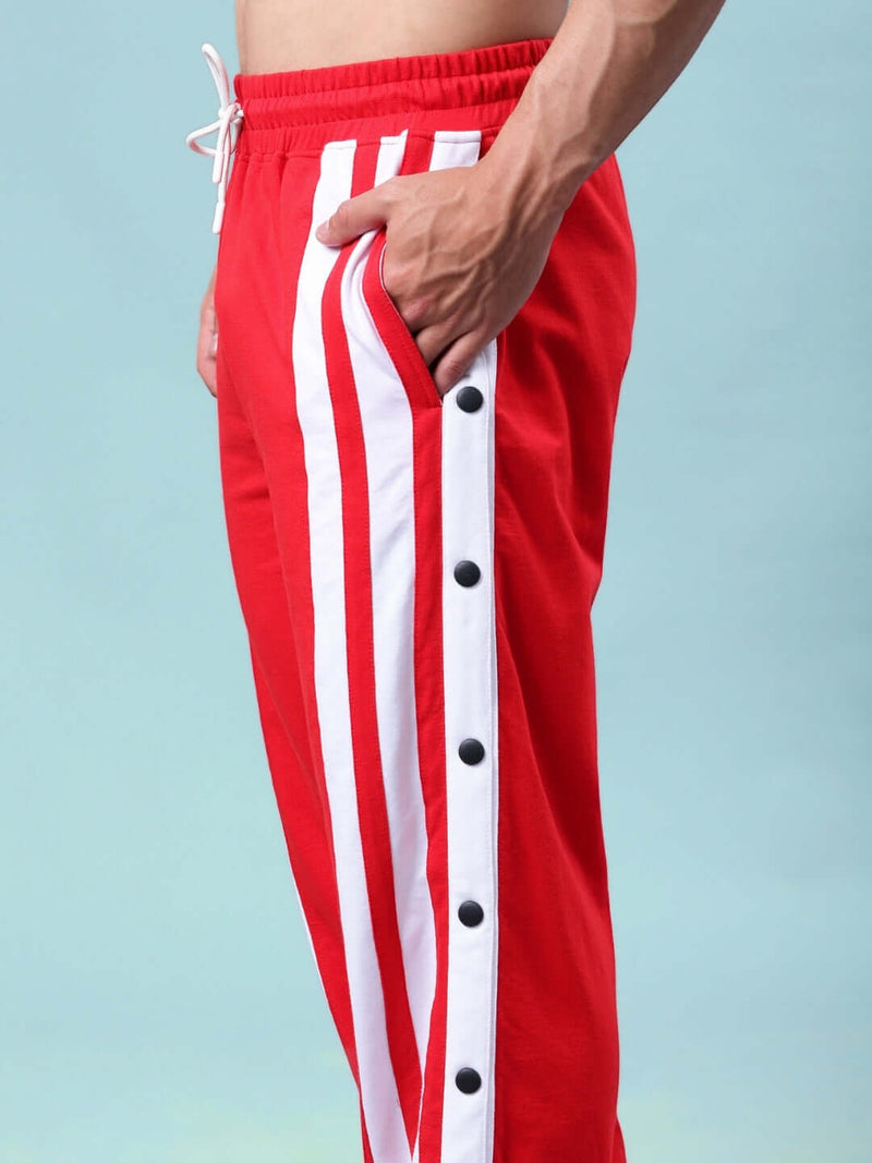Genzclassic Men's Cotton Track Pants with Side Snap Buttons & Triple Stripes, Sports Lower | Red & White