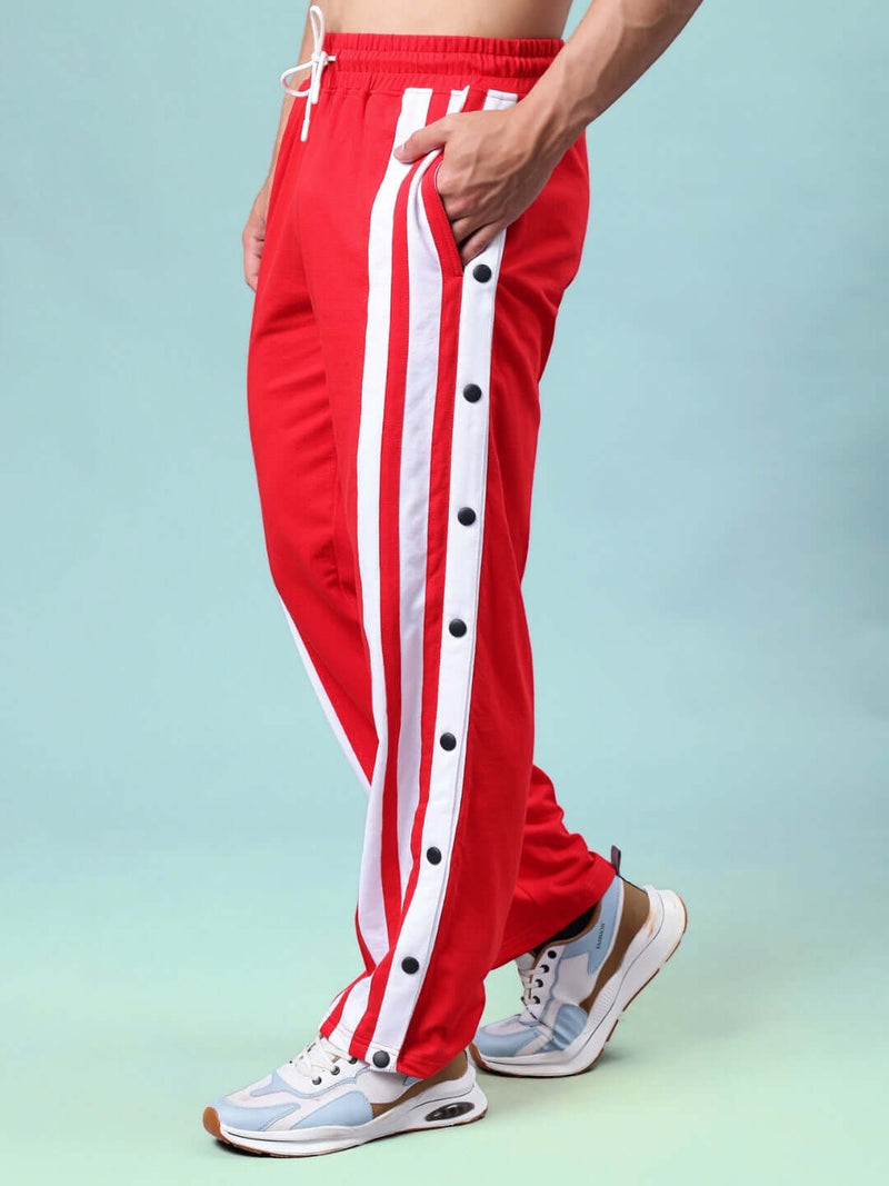 Genzclassic Men's Cotton Track Pants with Side Snap Buttons & Triple Stripes, Sports Lower | Red & White