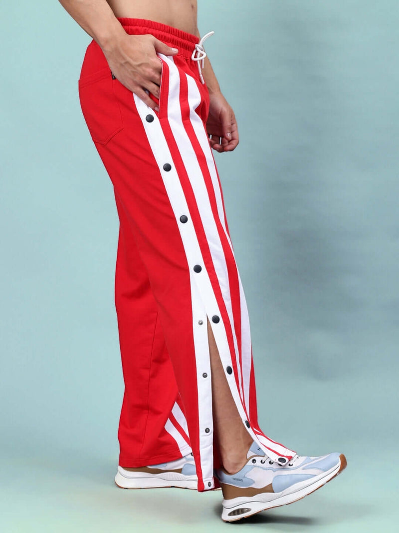 Genzclassic Men's Cotton Track Pants with Side Snap Buttons & Triple Stripes, Sports Lower | Red & White