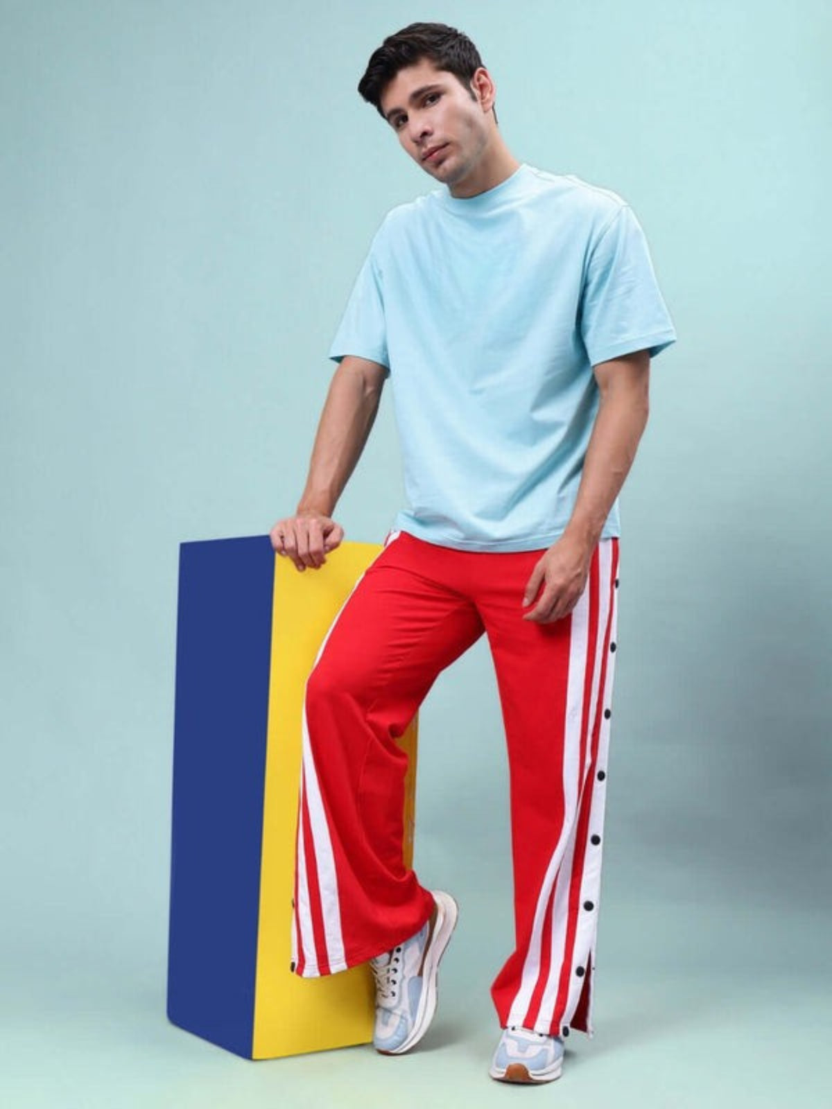 Genzclassic Men's Cotton Track Pants with Side Snap Buttons & Triple Stripes, Sports Lower | Red & White