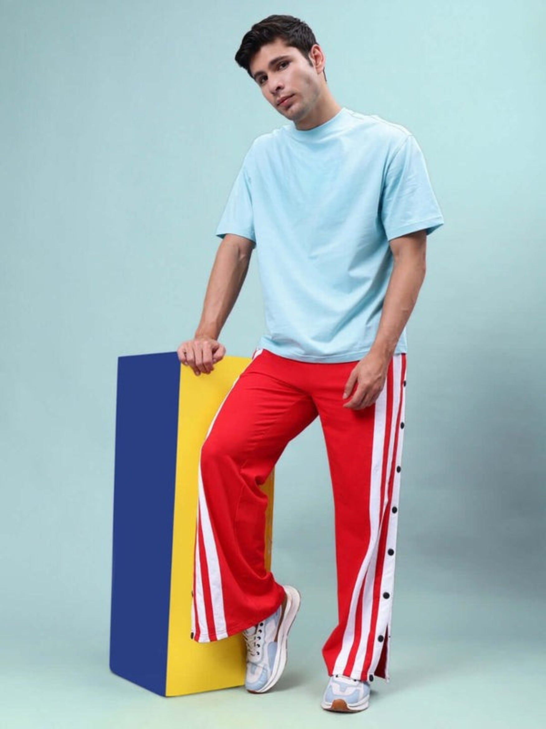 Genzclassic Men's Cotton Track Pants with Side Snap Buttons & Triple Stripes, Sports Lower | Red & White