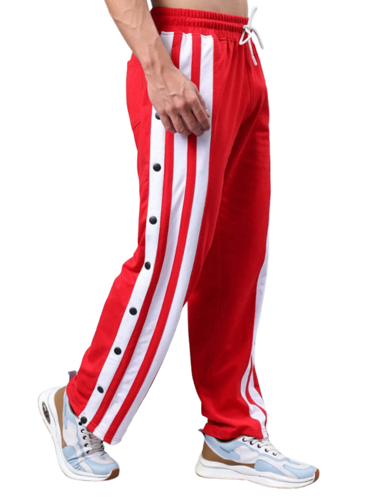 Genzclassic Men's Cotton Track Pants with Side Snap Buttons & Triple Stripes, Sports Lower | Red & White