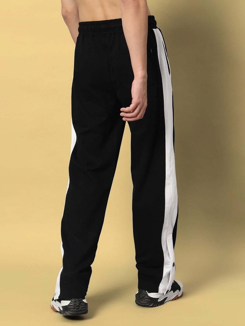 Genzclassic Men's Black Cotton Track Pants with White Side Panel & Snap Buttons | Regular Fit Joggers | Casual, Gym & Sports Wear