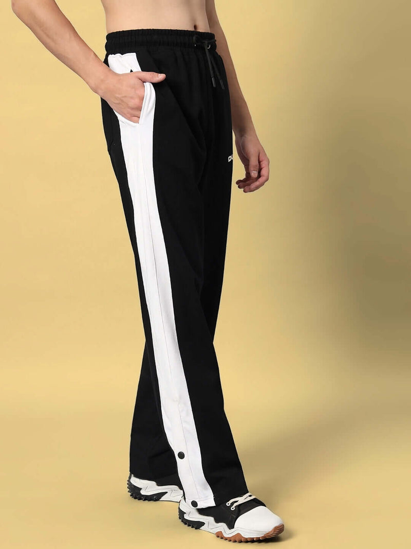 Genzclassic Men's Black Cotton Track Pants with White Side Panel & Snap Buttons | Regular Fit Joggers | Casual, Gym & Sports Wear
