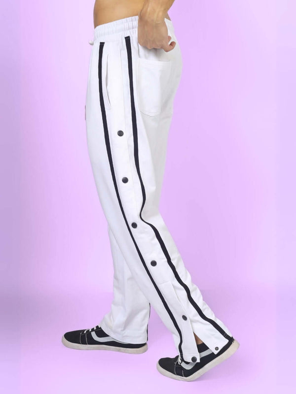 Genzclassic Men's White Cotton Track Pants with Black Side Stripe & Snap Buttons | Regular Fit Joggers | Casual, Gym & Sports Wear