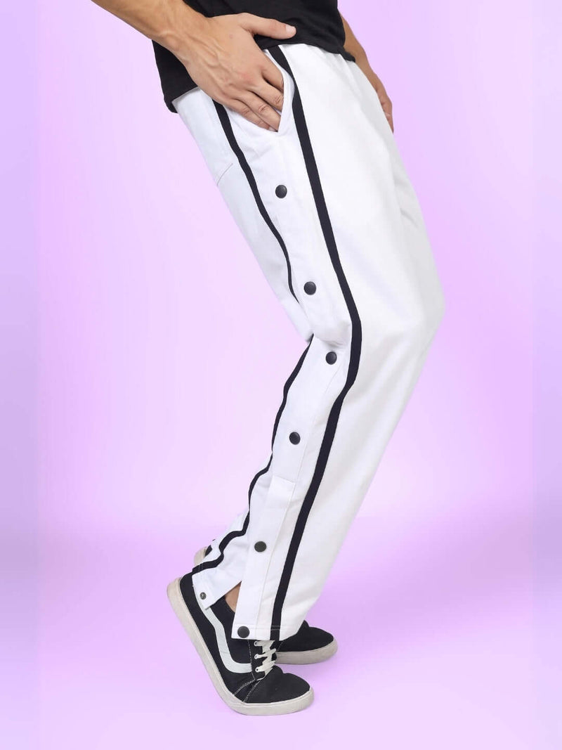 Genzclassic Men's White Cotton Track Pants with Black Side Stripe & Snap Buttons | Regular Fit Joggers | Casual, Gym & Sports Wear