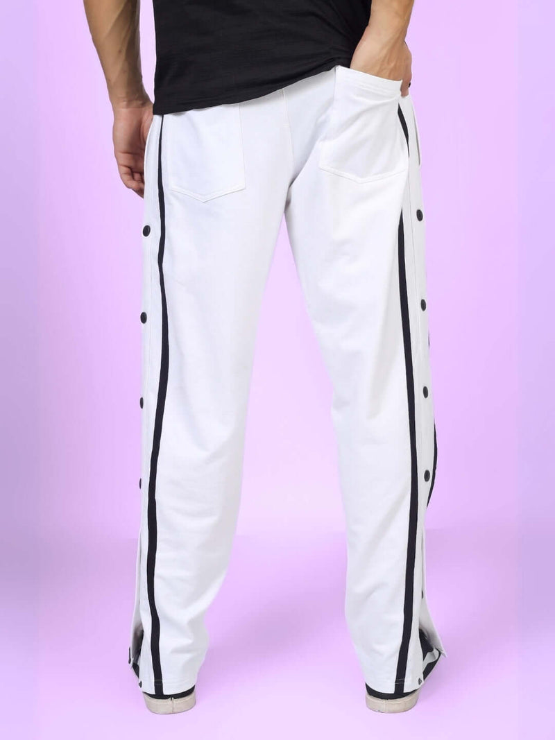 Genzclassic Men's White Cotton Track Pants with Black Side Stripe & Snap Buttons | Regular Fit Joggers | Casual, Gym & Sports Wear
