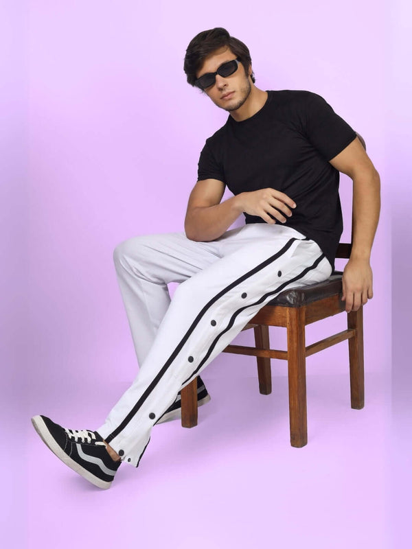 Genzclassic Men's White Cotton Track Pants with Black Side Stripe & Snap Buttons | Regular Fit Joggers | Casual, Gym & Sports Wear