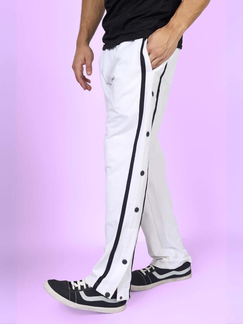 Genzclassic Men's White Cotton Track Pants with Black Side Stripe & Snap Buttons | Regular Fit Joggers | Casual, Gym & Sports Wear