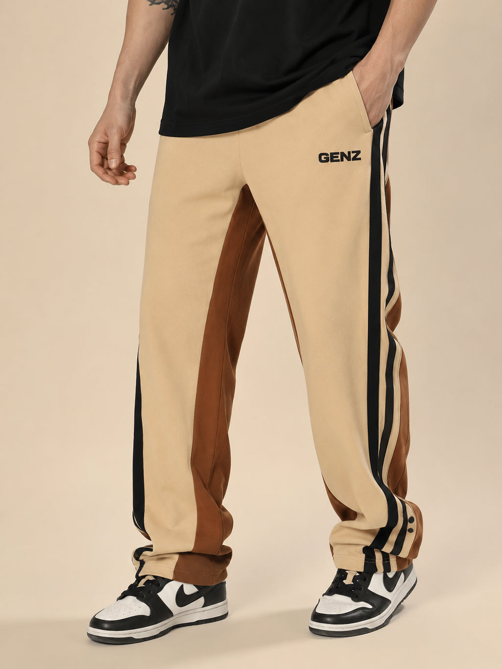 Genzclassic Men's Color Block Track Pants with Side Stripes, Relaxed Fit Sports Lower | Beige, Brown & Black