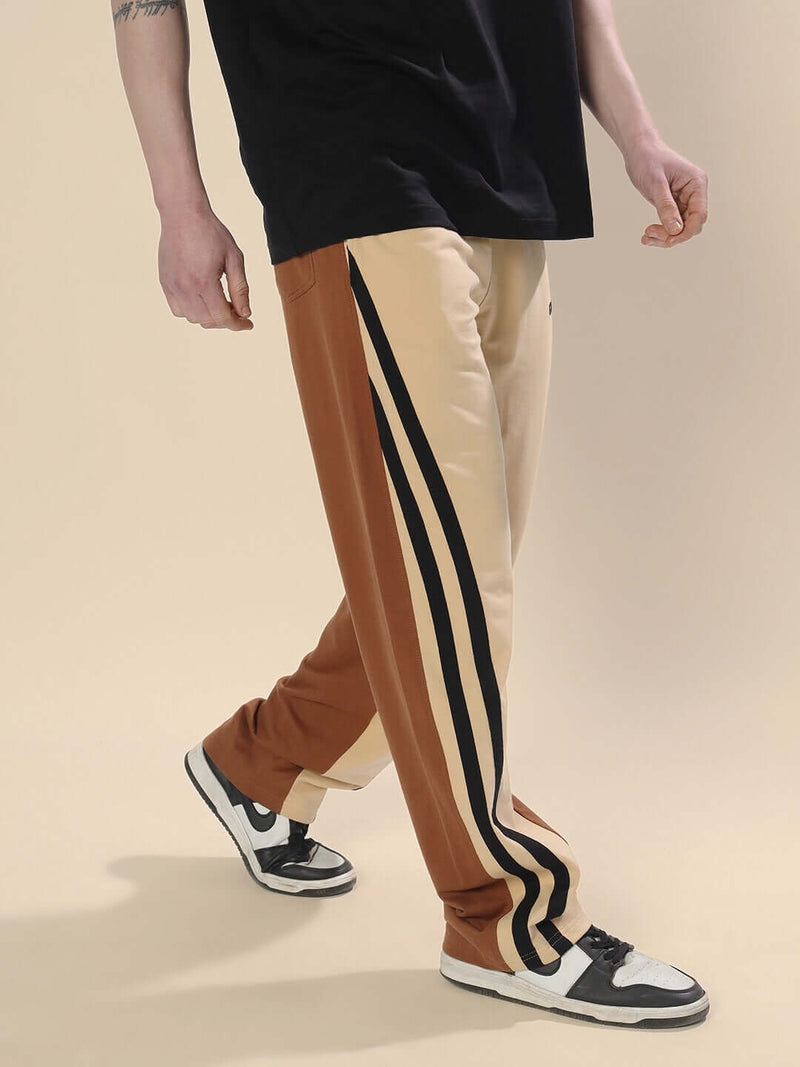 Genzclassic Men's Color Block Track Pants with Side Stripes, Relaxed Fit Sports Lower | Beige, Brown & Black
