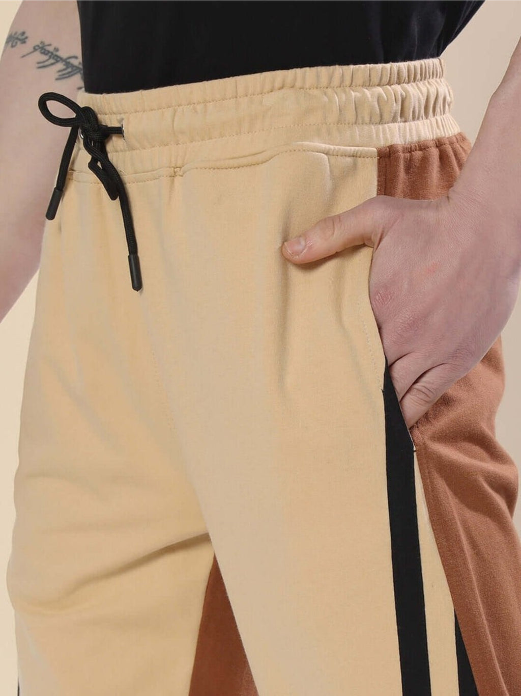 Genzclassic Men's Color Block Track Pants with Side Stripes, Relaxed Fit Sports Lower | Beige, Brown & Black