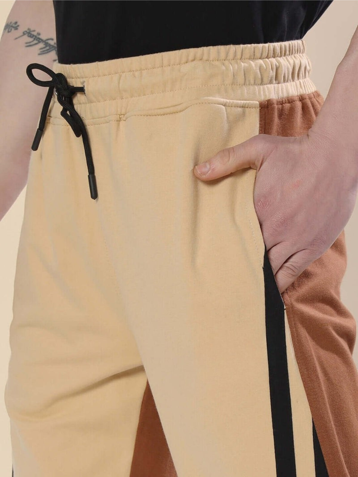 Genzclassic Men's Color Block Track Pants with Side Stripes, Relaxed Fit Sports Lower | Beige, Brown & Black