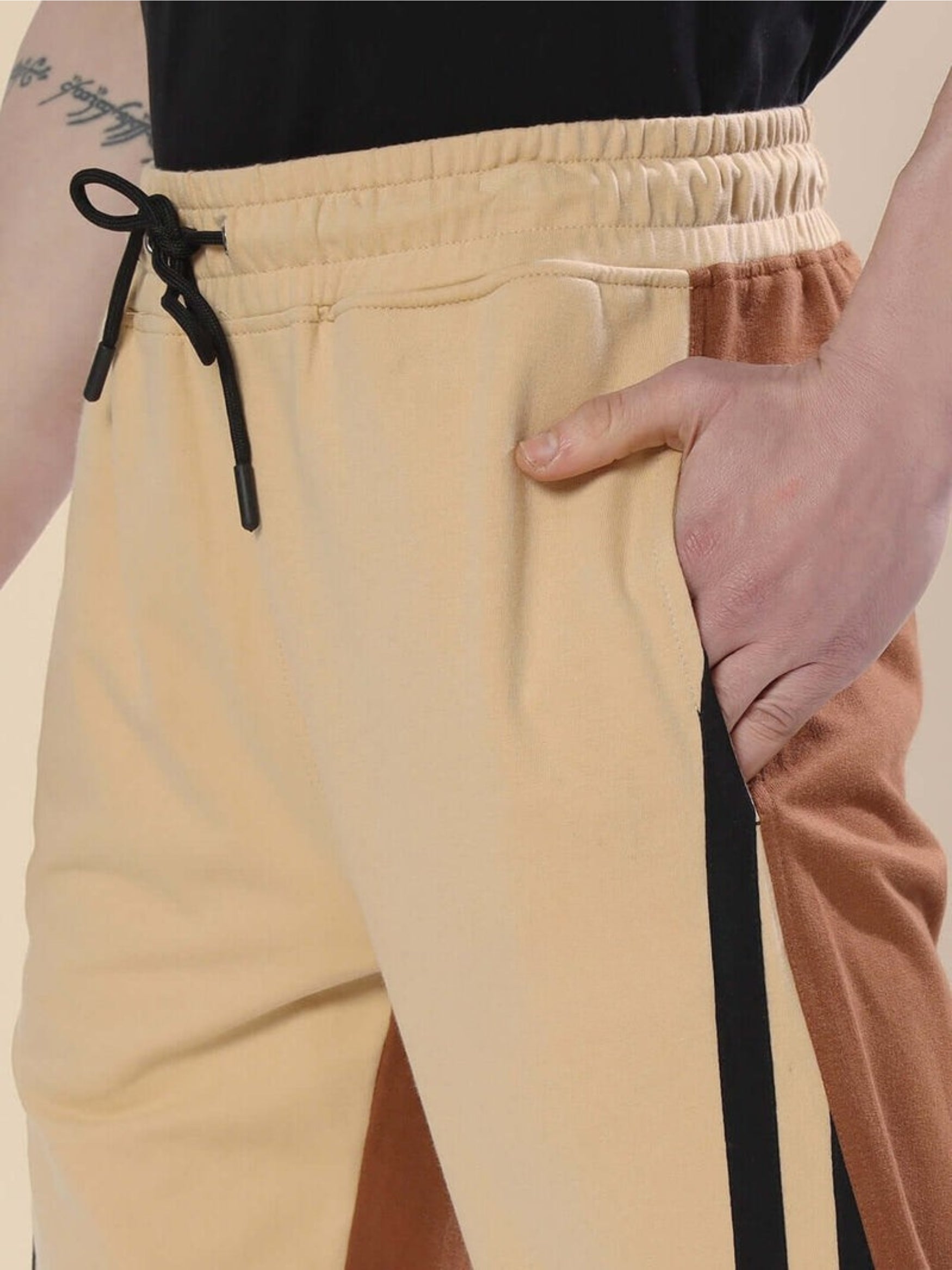 Genzclassic Men's Color Block Track Pants with Side Stripes, Relaxed Fit Sports Lower | Beige, Brown & Black