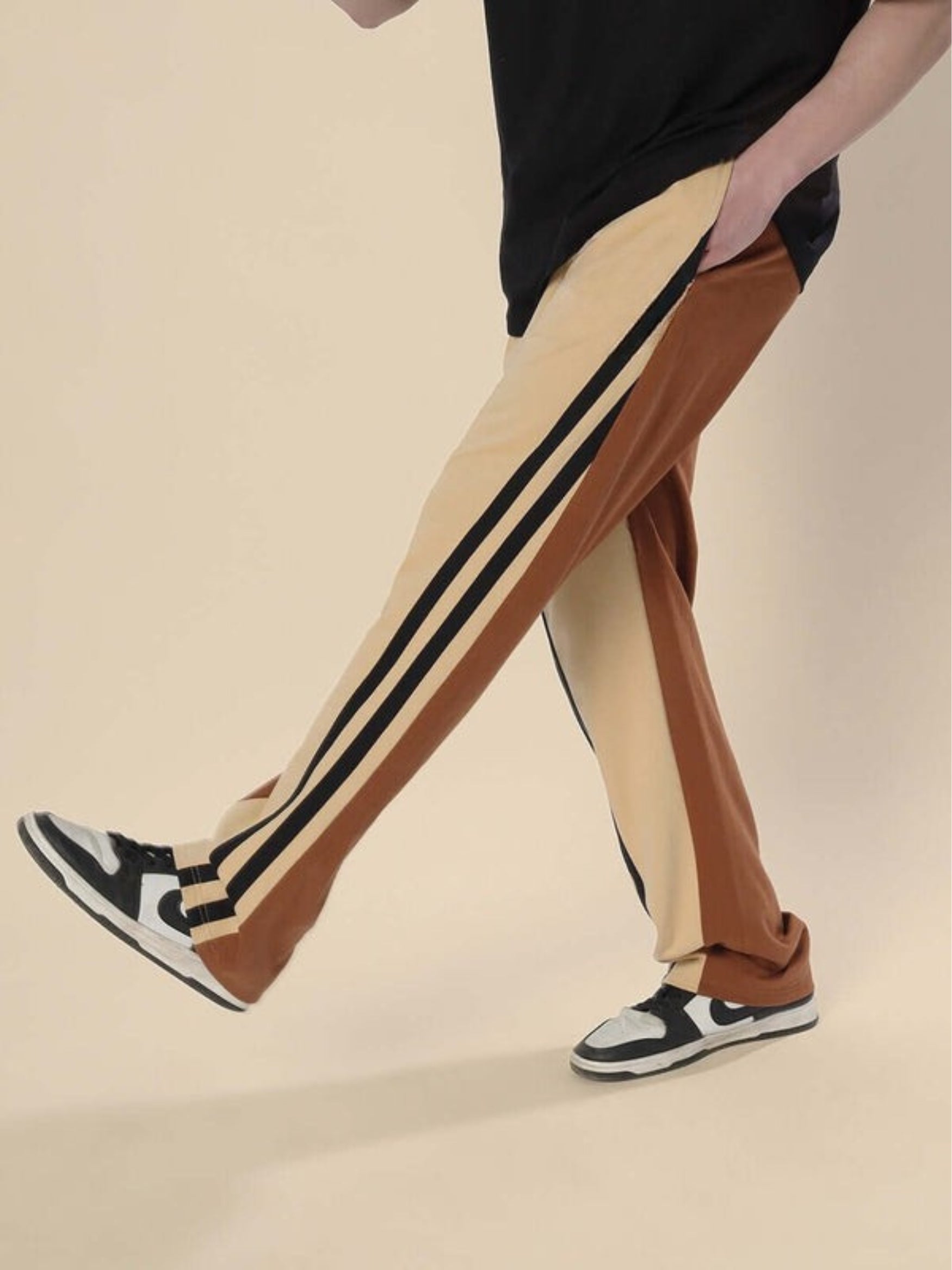 Genzclassic Men's Color Block Track Pants with Side Stripes, Relaxed Fit Sports Lower | Beige, Brown & Black