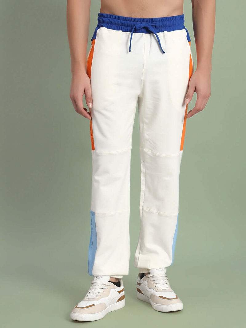 Genzclassic Men's Off White Cotton Color Block Track Pants | Regular Fit Joggers | Casual, Gym & Streetwear